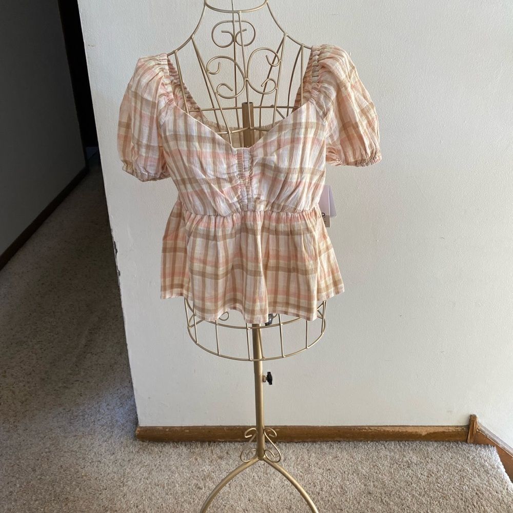 NWT BP Nordstrom Park Plaid Puff Sleeve Peplum Top Size S Pink Beige Cotton